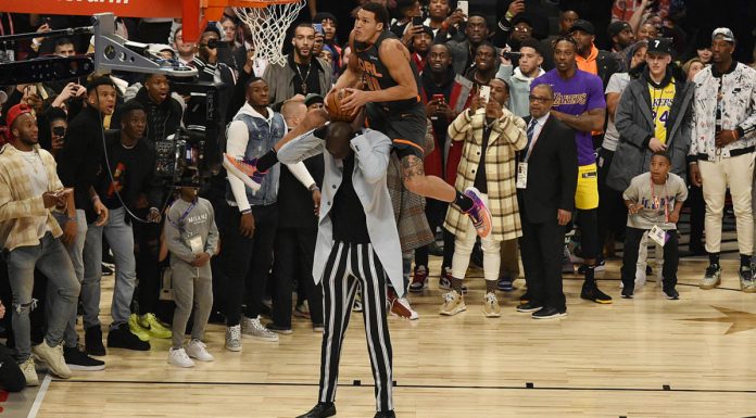 NBA All-Stars Defy Gravity in this years Slam Dunk Contest Aaron Gordon Dunking over Tacko Fall