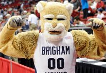 BYU’s Cosmo the Cougar dunks from the 3 point line (2/8/2024) cosmo the cougar