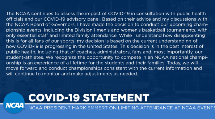 March Madness 2024 will be played without fans because of coronavirus NCAA March Madness Announcement