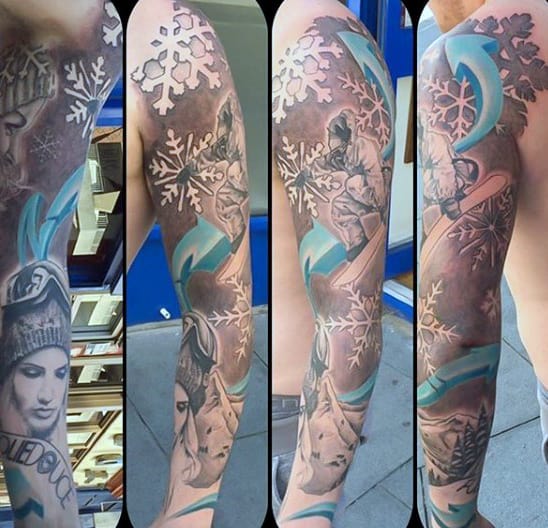 Blue Snowflake and Girl Snowboard Tattoo